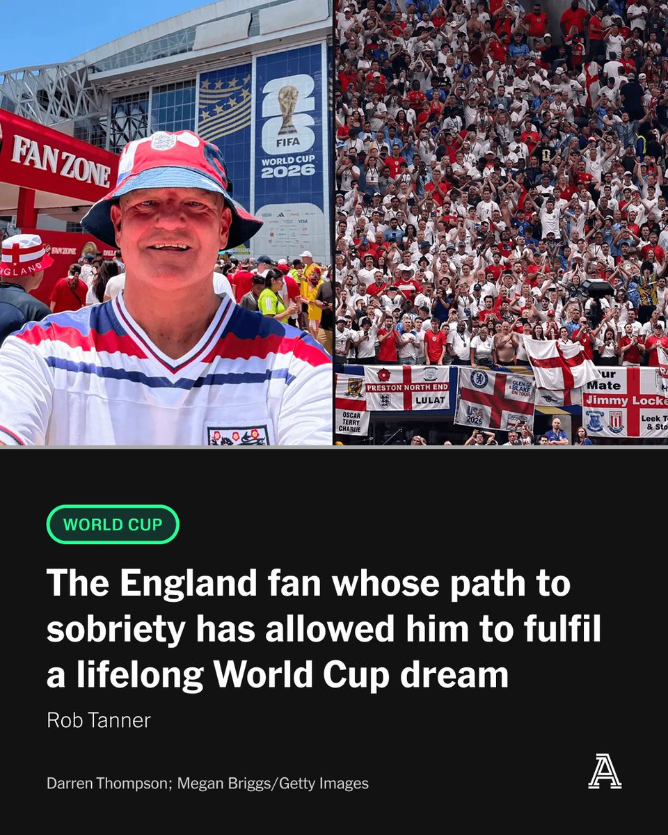 TheAthleticFC's tweet photo. Darren Thompson was told that, if he did not stop drinking, his liver would shut down and he would only have six months to live.

Now, three years on, he has used the money he would once have spent on alcohol - around £150 every week - to fulfil a lifelong dream: to watch England play at the World Cup

The 53-year-old will be at the Azteca tonight.

He tells @RobTannerLCFC about his “trip of a lifetime”, and how he turned it all around ⤵️

🔗 https://t.co/Cn0nmyGYLC