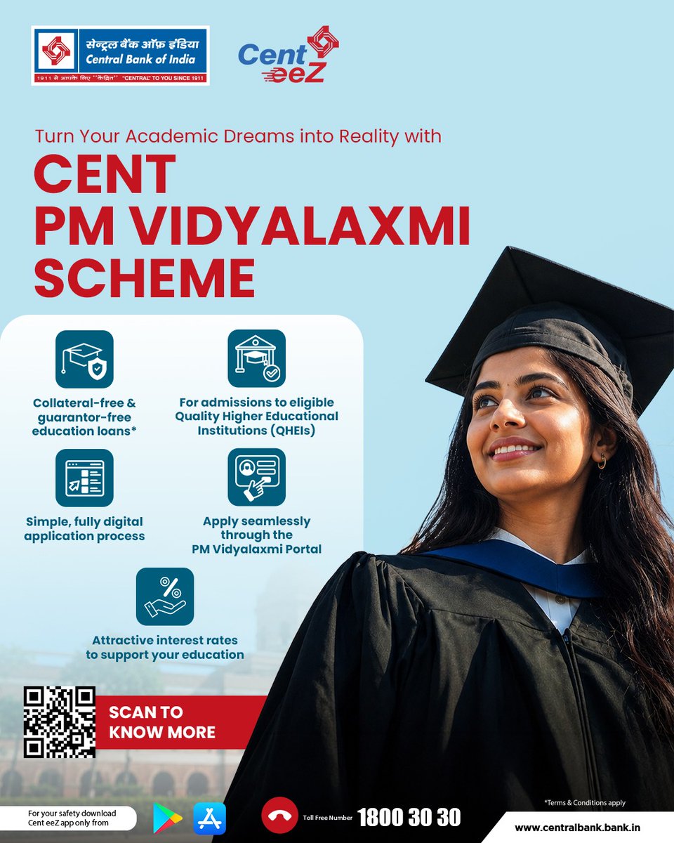 centralbank_in's tweet photo. Your higher education journey starts with the right support. Apply for the Cent PM Vidyalaxmi Scheme and access collateral-free education loans with a simple digital process for eligible institutions. 🎓

#CentralBankOfIndia #CentPMVidyalaxmi  #CentralToYouSince1911 https://t.co/dB9XgVIXp3
