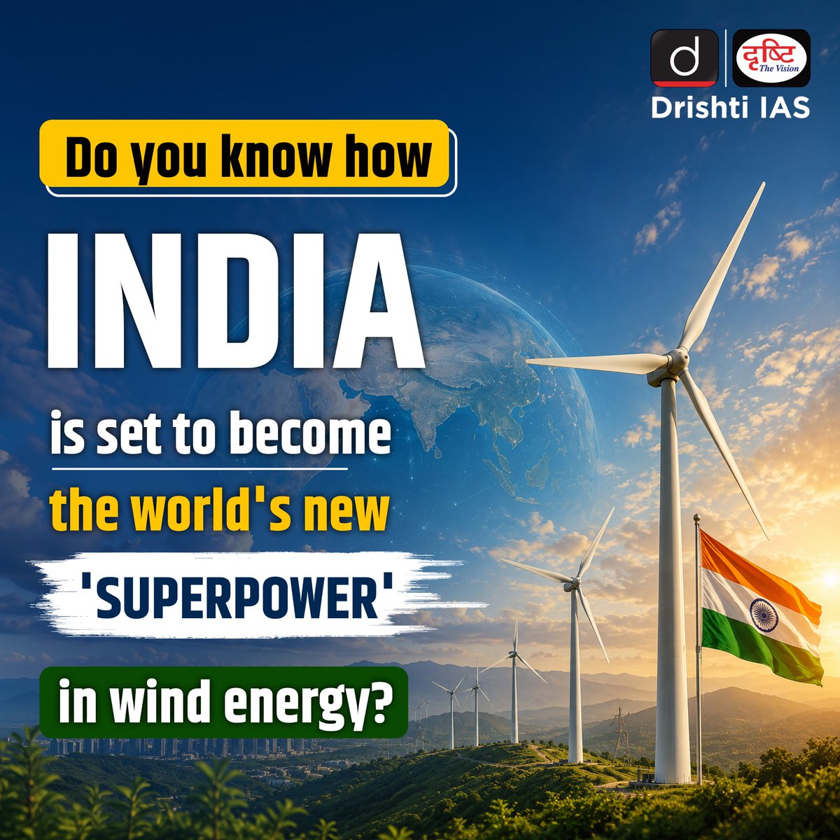 drishtiiaseng's tweet photo. India is harnessing the power of the wind to build a cleaner, greener future. With ambitious targets, strong policy support, and global partnerships, the nation is steadily emerging as a global wind energy leader.
#WindEnergy #GlobalWindDay #RenewableEnergy #CleanEnergy #GreenIndia #EnergyTransition #NetZero #SustainableFuture #IndiaEnergy #WindPower #DrishtiIAS #DrishtiIASEnglish