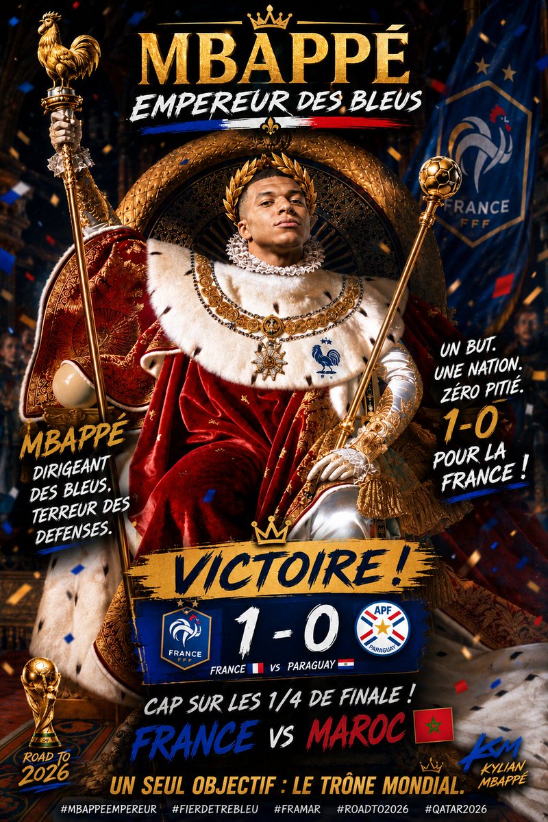 Godjack28's tweet photo. Ils voulaient le voir tomber. Match très dur mais il avance vers le trône. 👑
🇫🇷 1-0 🇵🇾
Le Paraguay est passé.
Prochaine bataille : le Maroc.
⚔️ Les 1/4 de finale commencent maintenant.
#Mbappe #FRAMAR #AllezLesBleus #WorldCup2026 #TikTokFootball #RoadToTheFinal #FRAPRA #FRAPAR https://t.co/fndYqIFYlq