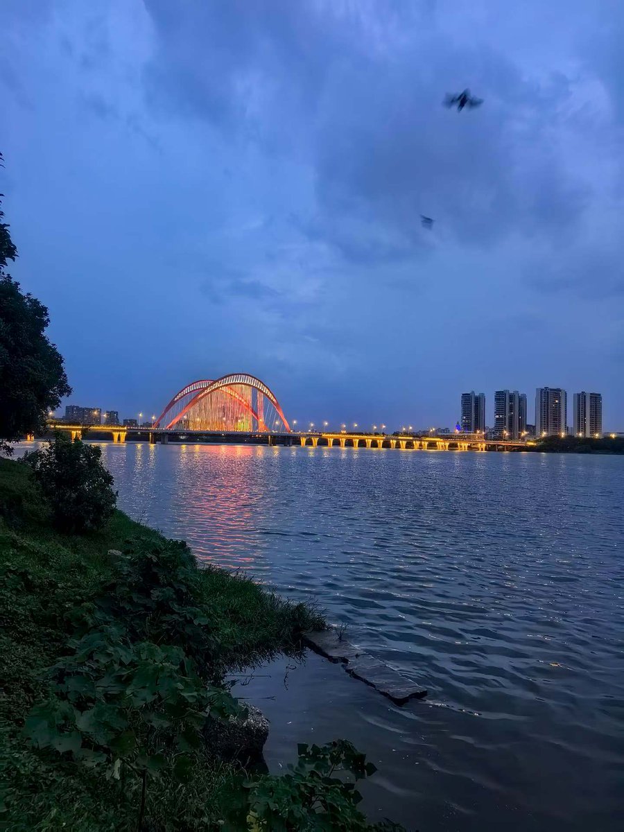 xiaoyonghe's tweet photo. Dusk bleeds soft indigo across the river tide,
Crimson arch glows, light ripples wide.
Wings drift slow through misty twilight haze
City calm wrapped in water’s gentle gaze.@CityScapeDaily @RiverViewShots @BlueHourMag @UrbanLensPhoto
#BlueHourViews #RiverBridge #TwilightCityscape https://t.co/VrSE2SlW6e
