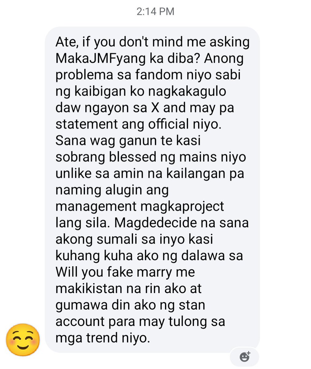 HQueen1234's tweet photo. I just receive a message from my messenger and I think I need to share this here 😔 please stop na po kayo support nalang natin Sana sila 

I just want to highlight this
"SOBRANG BLESSED NG MAINS NIYO" https://t.co/lcYt0CLeyT