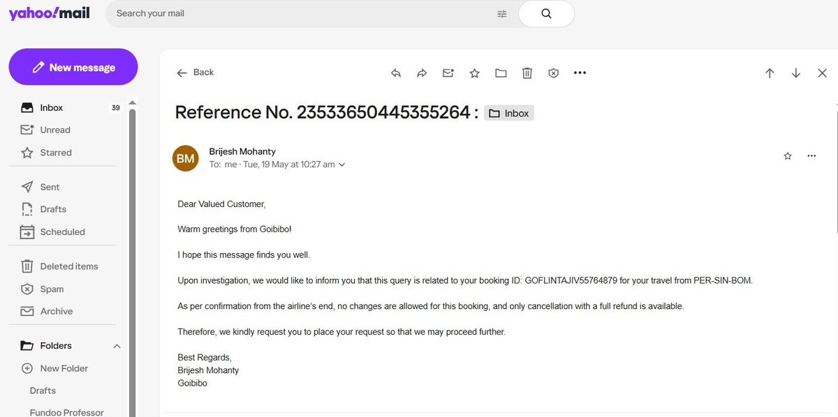 parekh1523's tweet photo. @GoibiboSupport Yes. We utilized it partially from Mumbai to Perth. There was a misconnection by airlines. Please see the attached images.
I was told by Goibibo executive that Airlines will give full refund via mail dated 19th May.l (please see attached image). https://t.co/C9nd82bwT5