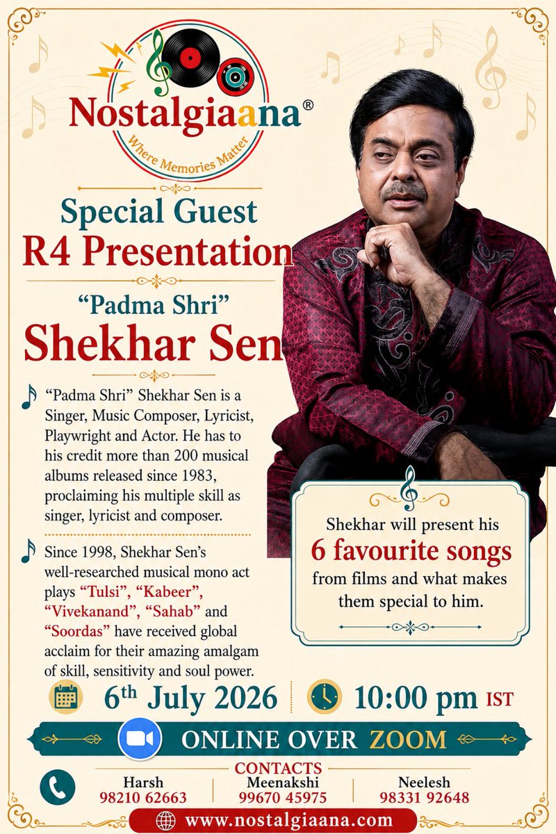 Nostalgiaana's tweet photo. MONDAY 6TH JULY
A special online show with the renowned Shekhar Sen & his choice of songs. Known for his unique blend of music & storytelling, he brings a rich & thoughtful musical experience that connects deeply with listeners.
#shekharsen #monoact #plays https://t.co/9a6yWJSeXD