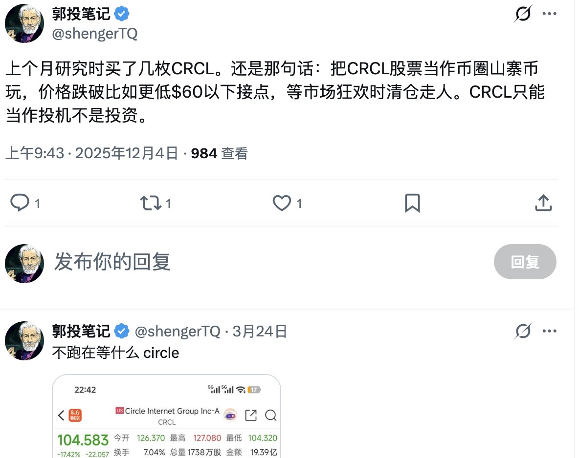 shengerTQ's tweet photo. 非常赞同 @qinbafrank 总结的这段 “这就导致了Circle在没有完全证明其在合规稳定币领域足够的支配和垄断地位前，它更适合做波段而非趋势。”    

去年，我把crcl当作山寨标的，今年买入crcl是对稳定币未来市场的看好，但对crcl还未建立真正的护城河 所以轻仓定投，现在成本应该在78左右。

确实像 frank说的那样，还没看到crcl建立起真正的护城河时，当作山寨标的，在它跌到安全边际线时买入，在它涨超过 资本市场给他的定价时卖出，只能轻仓，除非crcl已经有护城河苗头出现。