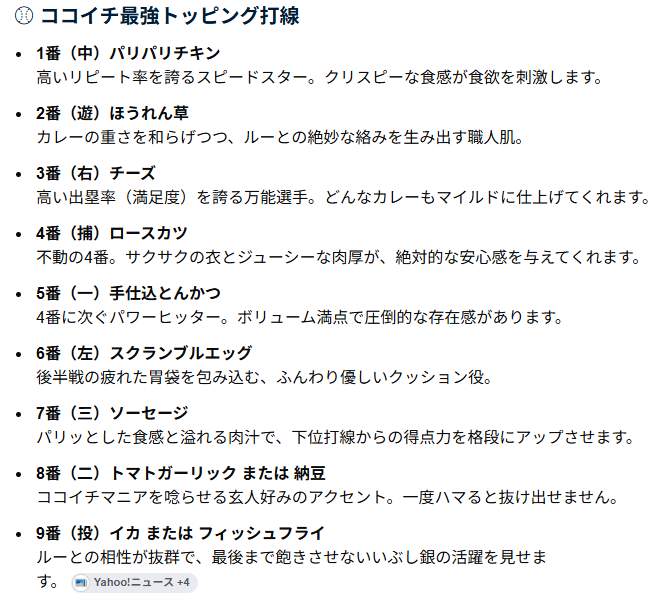 AIV75765015's tweet photo. 「ココイチ　トッピング　打線」でググったらAIがそれっぽく組んできて草 https://t.co/gASoH9yudD