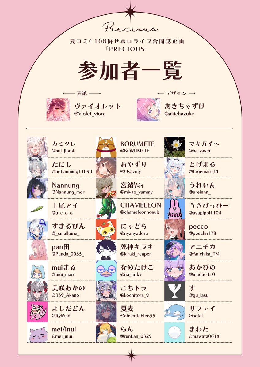 Holo_goudoushi's tweet photo. 夏コミC108にて頒布予定の
ホロライブ合同誌『PRECIOUS』の
参加者発表となります！

白上フブキ、猫又おかゆ、天音かなた、
常闇トワ、鷹嶺ルイ、風真いろはを中心とした組み合わせのイラスト本です！
参加者の皆さんが普段描かれないタレントさんも描いていただいているのでお楽しみに✨ https://t.co/X2QFQn4ubz