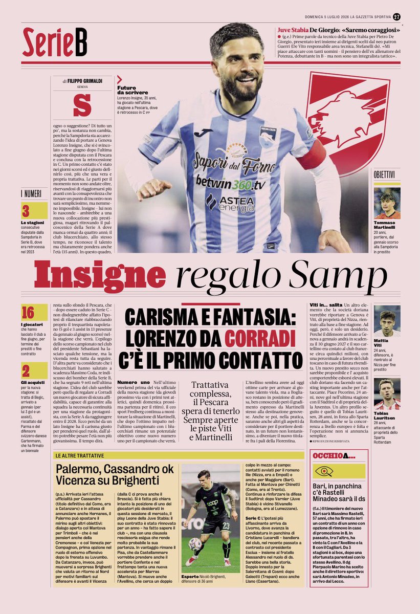 JonasSchwartz75's tweet photo. Dagens GdS. Både Inter og Como går efter Chalobah. Det er så godt som sikkert at Gila skifter til Milan. Juventus skal spare og det er nok grunden til at Douglas Luiz ser ud til at få endnu en chance. Sampdoria overvejer at hente 35-årige Insigne til Genova. https://t.co/TewFyif0In