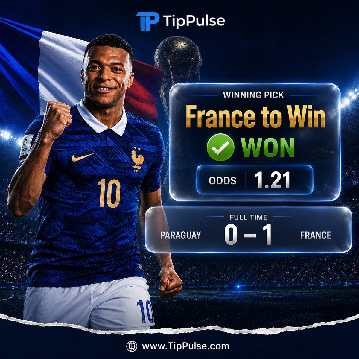 TipPulse's tweet photo. β
WINNING PICK!
π― France to Win
π° Odds: 1.21
π΅πΎ Paraguay 0β1 France π«π·
π Another successful TipPulse selection.
π https://t.co/JdcZACM7BR
#WinningPick #France #WorldCup2026 #TipPulse https://t.co/6dVa8d0Wl2