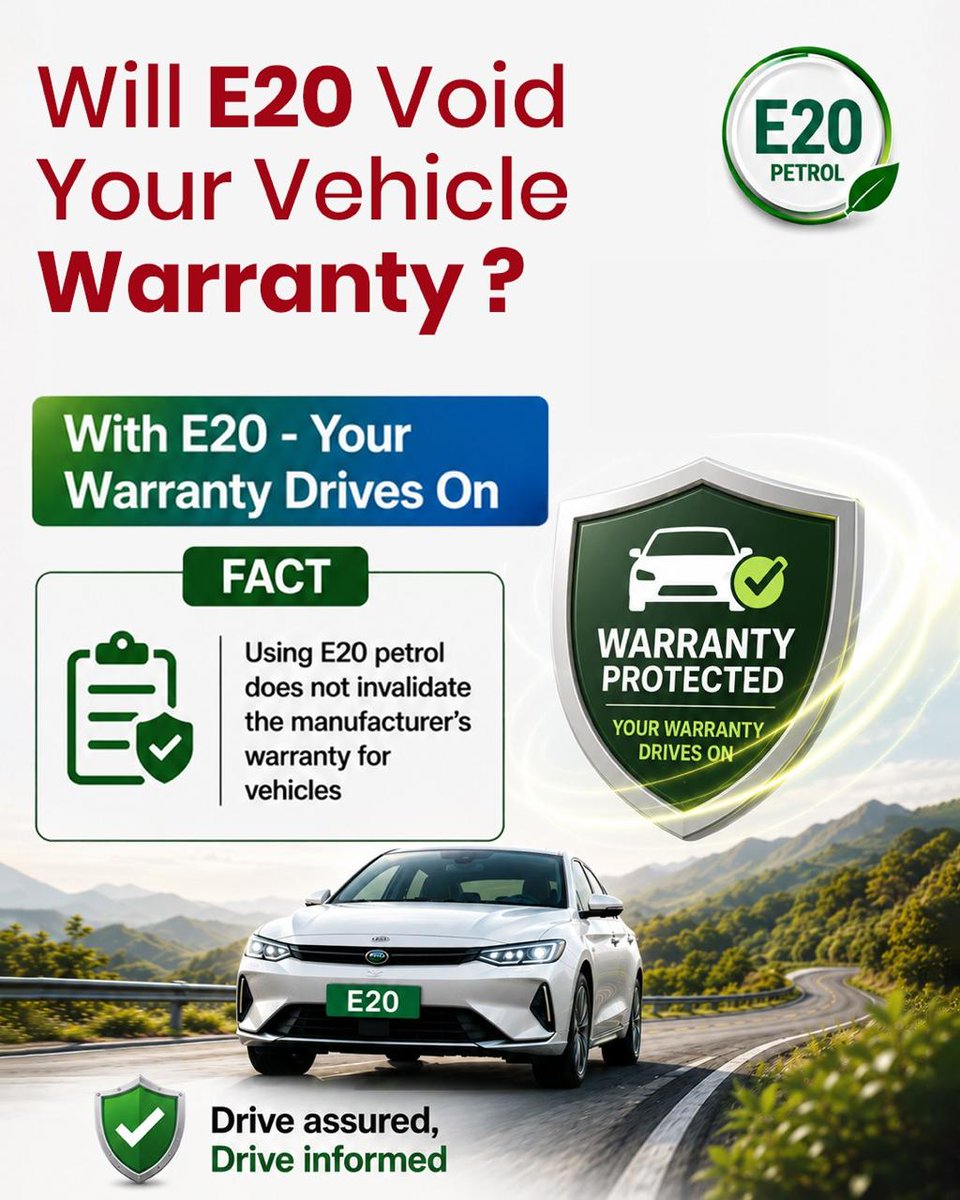 MIB_India's tweet photo. The Government has clarified that the automobile industry has been aligning vehicles with prescribed ethanol-blending standards. Use of approved E20 fuel does not automatically void manufacturer warranty merely because ethanol-blended petrol is used. https://t.co/CvZ9nZBTRC