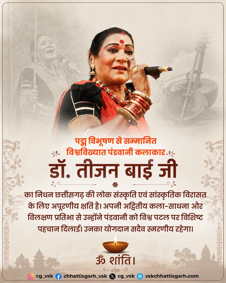 cg_vsk's tweet photo. पद्म विभूषण से सम्मानित विश्वविख्यात पंडवानी कलाकार डॉ.तीजन बाई जी का निधन छत्तीसगढ़ की लोक संस्कृति एवं सांस्कृतिक विरासत के लिए अपूरणीय क्षति है।अपनी अद्वितीय कला और विलक्षण प्रतिभा से उन्होंने पंडवानी को विश्व पटल पर विशिष्ट पहचान दिलाई।उनका योगदान सदैव स्मरणीय रहेगा।
ॐ शांति। https://t.co/TngW0P4zkS
