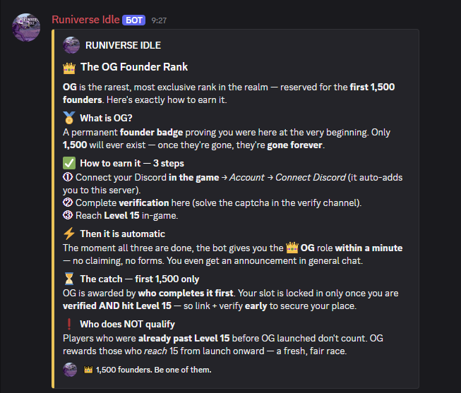 runiverseIdle's tweet photo. ⚔️ The gates have opened. The realm finally has a home.
🎮 https://t.co/f4rLIqA5XU
Our Discord is LIVE — and we're forging 1,500 OG founders into legend. Reach Level 15 before the crowns run dry, and your name is written into the dawn of Runiverse. 👑

After 1,500? The door seals shut.
💬 https://t.co/h7BV5ndLsG