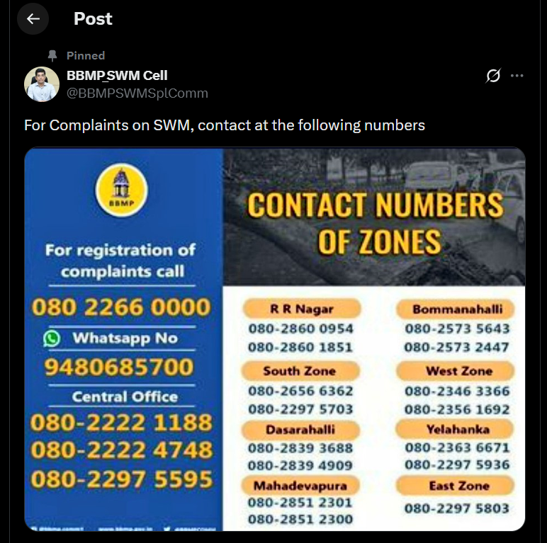 bro2code's tweet photo. Posting an official contact list where not a single helpline number works defeats the purpose of grievance redressal. 

I have tried calling multiple numbers from this list for Munnekolala (Mahadevapura zone) regarding a severe local infrastructure issue, and there is either no response or the lines are disconnected. 

Please audit and update this number list immediately so citizens can actually contact the right officials when emergencies or hazards happen. Leaving dead numbers active helps no one.

@GBAChiefComm @GBA_office @BBMPMahadevapura @BBMPSWMSplComm @ICCCBengaluru @BCCCofficial