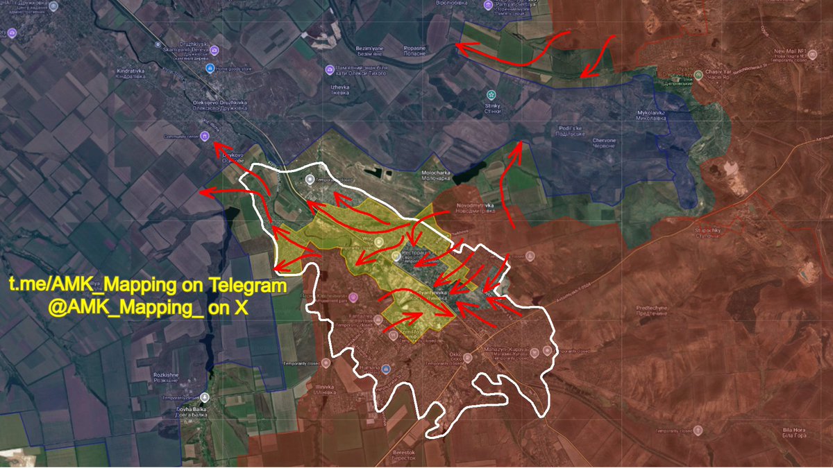 AMK_Mapping_'s tweet photo. Regarding the situation in Kostyantynivka:

Yesterday I wrote that the claims by the Russian Ministry of Defence about the supposed capture of Kostyantynivka were false and premature, and that remains the case today. However, the battle for the city has entered its final stages.

Russian forces were able to consolidate their positions in the northeastern part of the city around 10 days ago, which allowed them to rapidly gain control over most of the so-called "Historical Centre", which had seen prolonged battles due to the continued presence of Ukrainian positions on the edges of the city, which had forced the Russians to employ small infiltration tactics. With these positions now finally under Russian control, they have achieved a high level of freedom of movement in this part of the city, allowing them to establish control over additional parts of the private sector and physically cut the highway by capturing the nearby former industrial zone.

As a result, several groups of Ukrainian soldiers have been encircled in the eastern part of Kostyantynivka, likely numbering no more than 50 in total. While they are under an encirclement, some of them may retain the ability to escape by slipping through Russian lines, similar to what we saw in Myrnohrad earlier this year. Russian forces were shelling Ukrainian positions in the eastern part of the city as recent as a week ago. Since then, this part of the city has probably shifted to a zone of overlapping positions, with a dominant Russian advantage as they complete their clearing operations. It is expected that the eastern part of the city will be under solid Russian control within a week. In addition to this, Russian forces were able to clear the remaining Ukrainian positions in the southwestern part of Kostyantynivka and captured the remaining inner industrial zones. 

In the northern and northwestern parts of Kostyantynivka, the Russians continued to steadily advance, while infiltrators pushed deeper, well beyond the zone of control, even as far as Osyokove, the outskirts of Oleksijevo-Druzhkivka, and the fields northwest of Kostyantynivka. This puts the newly-established Ukrainian drone operator positions in Oleksijevo-Druzhkivka at increased risk of being pushed back even further towards Druzhkivka, which would significantly disrupt their strike operations. 

Ukrainian reconnaissance drone operators are currently focusing on establishing full and constant surveillance over the northern and central parts of Kostyantynivka, identifying the Russian infiltration routes towards the remaining Ukrainian positions in the northern and northwestern parts of the city, in order to alleviate the pressure and allow the controlled and phased withdrawal beyond the city limits to continue. A Ukrainian counterattack using armoured vehicles was repelled by Russian FPV drones between Osykove and Kostyantynivka, as Russian drone operators maintain strong fire control over the roads in this area. Russian drone operators are also increasing their attacks on Druzhkivka, Kramatorsk and the Druzhkivka-Kramatorsk Highway, further complicating Ukrainian logistical operations. 

As a result of these recent pushes into the northern and northwestern parts of Kostyantynivka, Russian assault groups managed to clear a series of Ukrainian strongholds in the Novoselivka District and the northernmost part of the city, and are fighting for the remaining residential blocks of these districts. Heavy shelling of the entrance to Kostyantynivka was recorded in the past week ahead of the recent flag planting operations on the outskirts of the city. 

Elsewhere, following weeks of unsuccessful assault operations, Russian forces finally managed to break through Ukrainian positions along the railway line west of Chasiv Yar, infiltrating west for at least 3.2 km. It is currently unclear if there has any consolidation has been achieved there. It is likely that similar assault operations are taking place closer to Chasiv Yar and Mykolaivka. Attacks are also taking place northeast of Novodmytrivka towards the southern outskirts of Stinky. As such, the Ukrainian garrison in western Chasiv Yar, Mykolaivka, Chervone, and Podilske, and Stinky, is coming under increased threat of being encircled. The fall of the remaining parts of Kostyantynivka, the establishment of Russian drone operator positions in the city, and the beginning of attacks towards Oleksijevo-Druzhkivka will undoubtably make this threat even more significant. 

+ ~12.20 km² in favour of Russia.