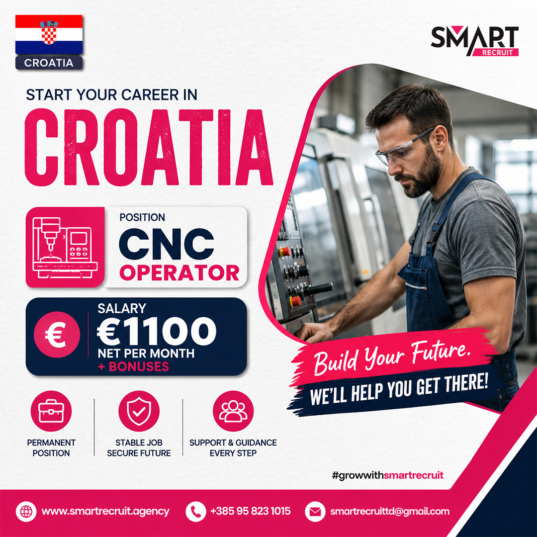 smartrecruitltd's tweet photo. 🇭🇷 We're hiring CNC Operators in Croatia!

💶 €1,100 net/month + bonuses
✅ Permanent position
✅ Full recruitment support

Apply today and build your career in Europe.

#CroatiaJobs #CNCOperator #WorkInEurope #HiringNow #SmartRecruit https://t.co/HU8MHug5go