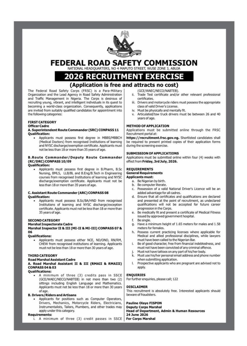 timathetechiee's tweet photo. Federal Road Safety Commission 
2026 Recruitment Exercise is Open!

Location: Nationwide 

Visit 👉 https://t.co/vVkwind829 to apply!

Good Luck 🎊 https://t.co/tAFzwCtoKj