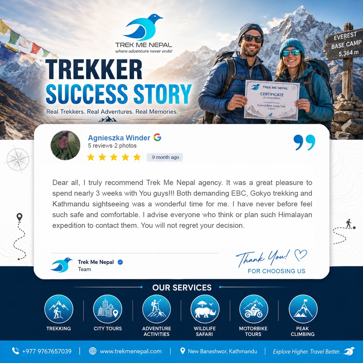 TrekMeNepal's tweet photo. 𝐇𝐞𝐫 𝐅𝐢𝐫𝐬𝐭 𝐓𝐫𝐢𝐩 𝐭𝐨 𝐍𝐞𝐩𝐚𝐥. 𝐍𝐨 𝐑𝐞𝐠𝐫𝐞𝐭𝐬.
 
She did some of the most epic treks on her first trip to Nepal and chose us for this adventurous multi-day journey! Thank you for your review, Agnieszka Winder 💙

 #trekmenepal #GuestExperience #EverestTrek https://t.co/mw8rcdjd1n