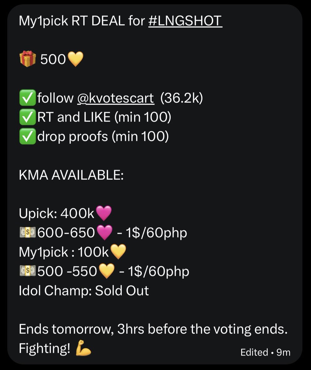 lngshotmarket's tweet photo. My1pick RT DEAL for LNGSHOT

🎁 500💛

✅follow @kvotescart  (36.2k)
✅RT and LIKE this tweet (min 100)
✅drop proofs (min 100)

KMA AVAILABLE:

Upick: 400k🩷
💵600-650🩷 - 1$/60php
My1pick : 100k💛
💵500 -550💛 - 1$/60php

Ends tomorrow, 3hrs before the voting ends. https://t.co/fPZN8uiNu2