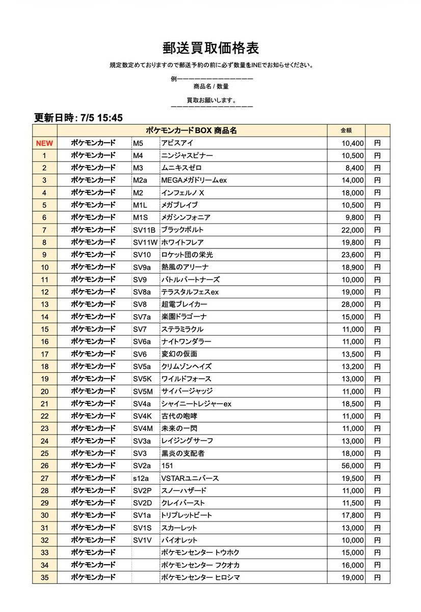 Tracaz_Tencho's tweet photo. 📣7/5  15時40分 買取価格更新📣

本日の買取表を更新しました😊

その他買取中の商品は公式ライン「メニュー」>「価格表」でご確認いただけます✨

ご予約・お問い合わせは公式LINEにご連絡ください😊
公式LINE登録はコチラ
https://t.co/jxSPTyB6np

💡最短当日✨最長でも3日以内にお振込み💡

#ポケモンカード  #ポケモンカードゲーム #ポケカAR
#テラスタルフェスex  #ポケカ買取 #ポケモンカード151 #熱風のアリーナ #ロケット団の栄光 #ブラックボルト・ホワイトフレア #メガブレイブ #メガシフォニア #インフェルノX #MEGAドリーム #メガドリームex #メガドリーム #ワンピース買取 #ムニキスゼロ #ニンジャスピナー #アビスアイ