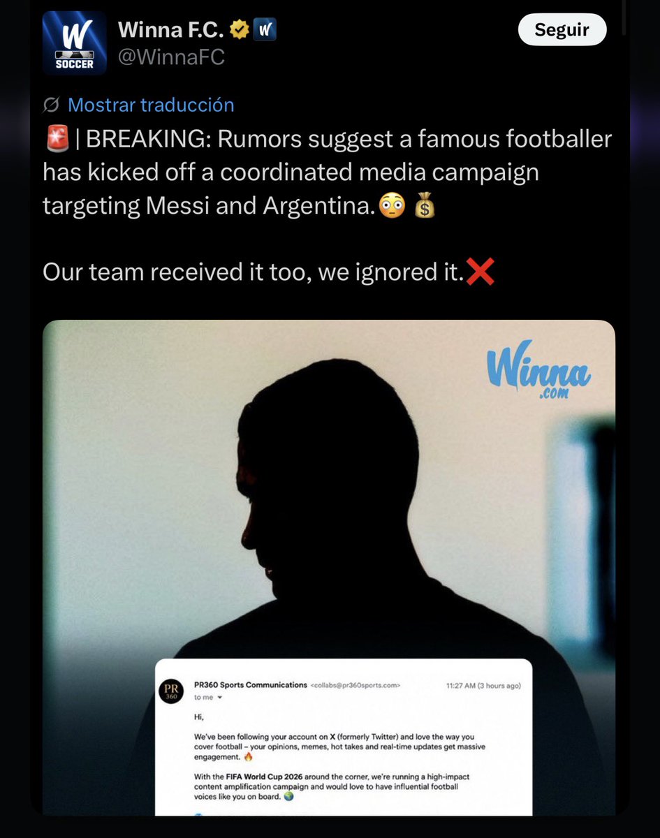 maquepd's tweet photo. 🚨 CRECE EL ESCÁNDALO POR LA CAMPAÑA ANTI-ARGETINA Y SURGEN SOSPECHAS SOBRE CRISTIANO RONALDO

El medio “Winna FC”, con más de 230.000 seguidores, afirma haber recibido esta oferta y posteó una silueta del futbolista https://t.co/ZIbX7guc0F