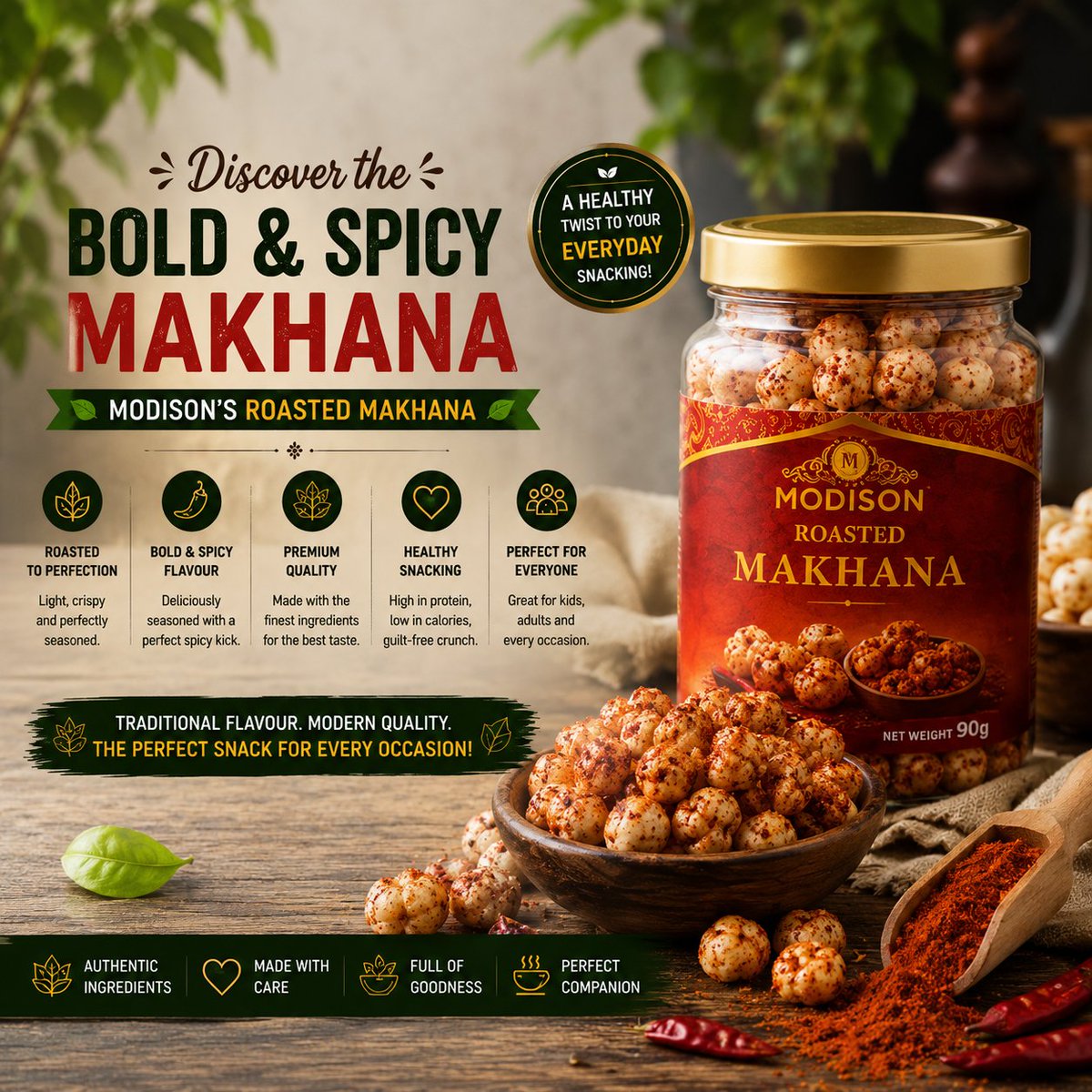 MODISONPRS's tweet photo. Bold flavour. Healthy crunch.
Snack guilt-free with MODISON Bold &amp; Spicy Roasted Makhana! 💚
📖 Read our blog to discover why it's everyone's favourite healthy snack.
🔗https://t.co/6p8ylhWxeJ

#RoastedMakhana #HealthySnacks #Modison https://t.co/gpnJaTovqW