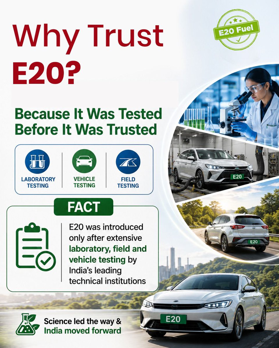 MIB_India's tweet photo. E20 fuel was introduced only after extensive laboratory, vehicle, and field testing by India's leading technical institutions. Science led the way, ensuring reliability, performance, and confidence on every journey. https://t.co/Uo2UddUVaw