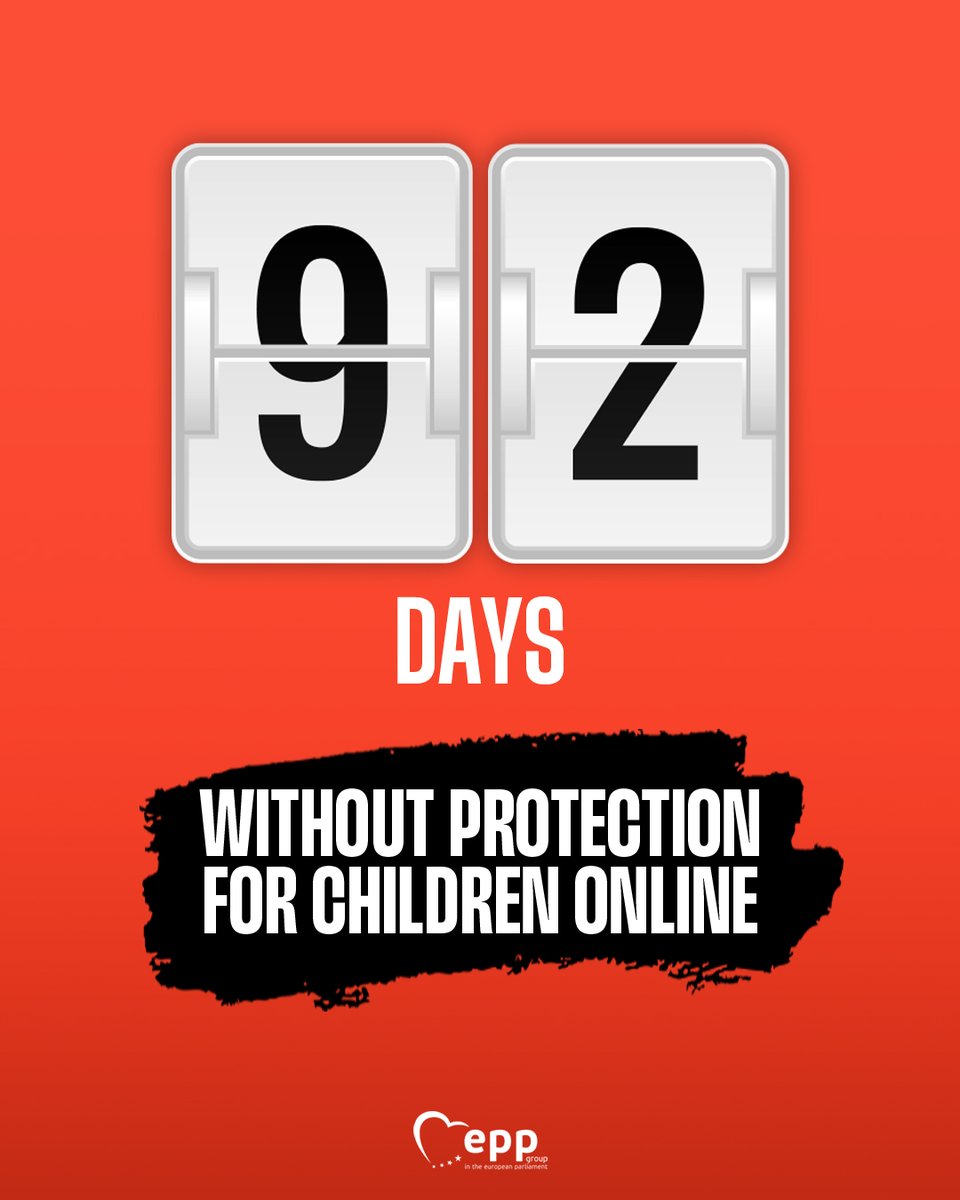 EPPGroup's tweet photo. 🚨 92 days!

Since 3 April, there has been a major legal gap in protecting children from sexual abuse online.

Every day, we are missing 54,795 reports. 

8 in 10 online child abuse investigations started because a platform detected it.
🚨 Now they can't. 

‼️ We cannot accept this legal vacuum.  
‼️ We cannot let child abuse material go unnoticed and unreported, day after day. 
‼️ Closing the legal gap is urgent! 

⁉️ DO YOU SUPPORT THIS URGENCY TO PROTECT CHILDREN? 

‼️ Protect children, not predators. 

*Data source: https://t.co/a9z1ktDjcf (2024)