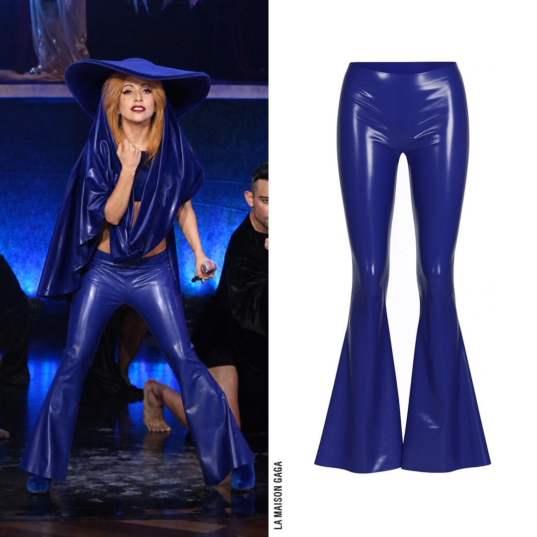 LaMaisonGaga_'s tweet photo. Lady Gaga performed 'Judas' for the first time on @TheEllenShow wearing a full custom #PerryMeek electric-blue latex and velvet look with matching booties made by @FortheStarsUS! https://t.co/jy72pYJadF