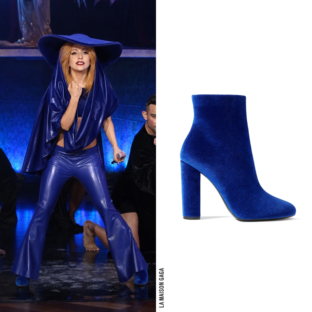 LaMaisonGaga_'s tweet photo. Lady Gaga performed 'Judas' for the first time on @TheEllenShow wearing a full custom #PerryMeek electric-blue latex and velvet look with matching booties made by @FortheStarsUS! https://t.co/jy72pYJadF
