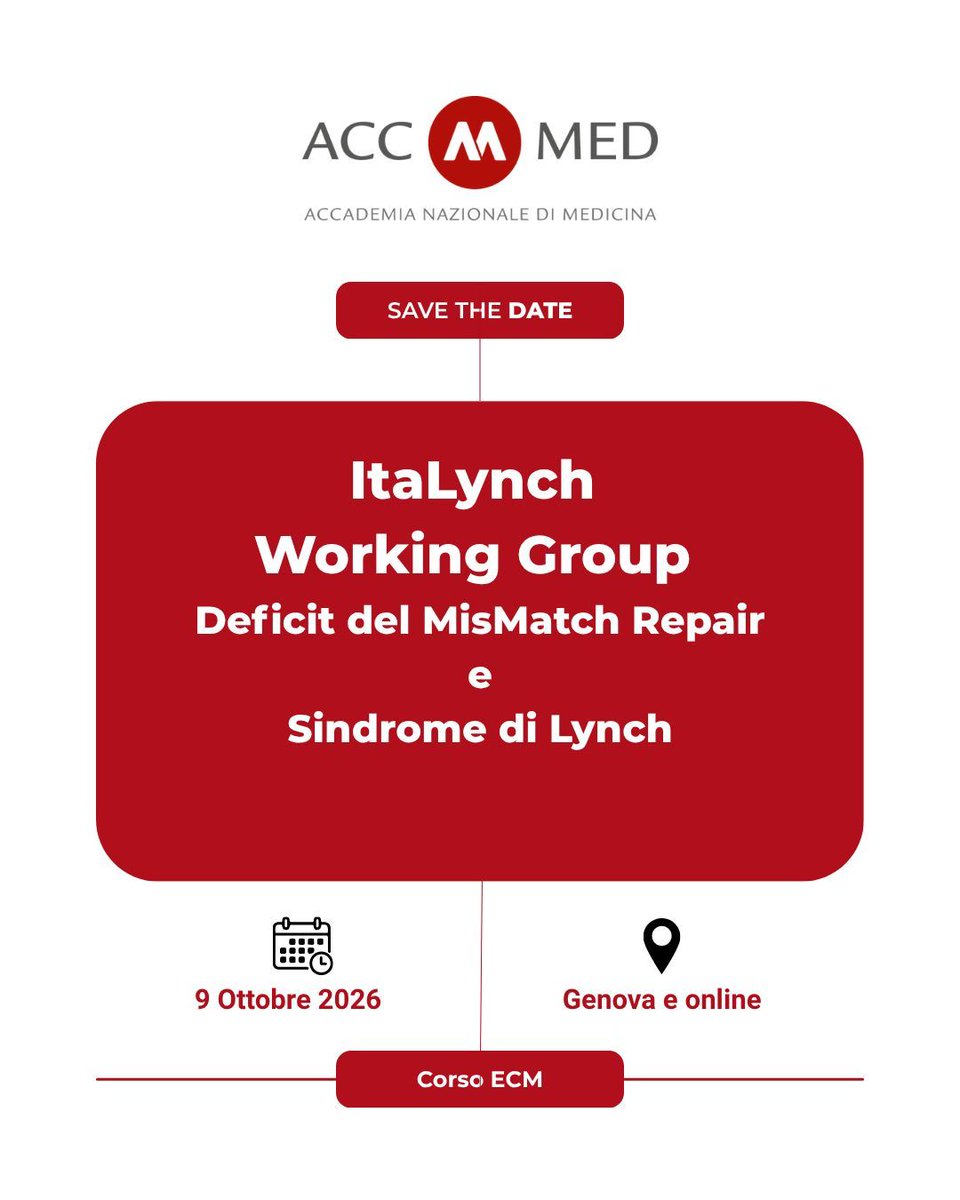ACCMEDorg's tweet photo. SAVE THE DATE - Corso Ibrido
ItaLynch Working Group - Deficit del MisMatch Repair e Sindrome di Lynch: non solo carcinoma del colon retto. IV Meeting Nazionale 

📍Genova
🗓️ 9 Ottobre 2026

Ricevi maggiori  informazioni: https://t.co/KiAYo9vW9G 

#AccMe #FormazioneContinua #ECM #Lynch