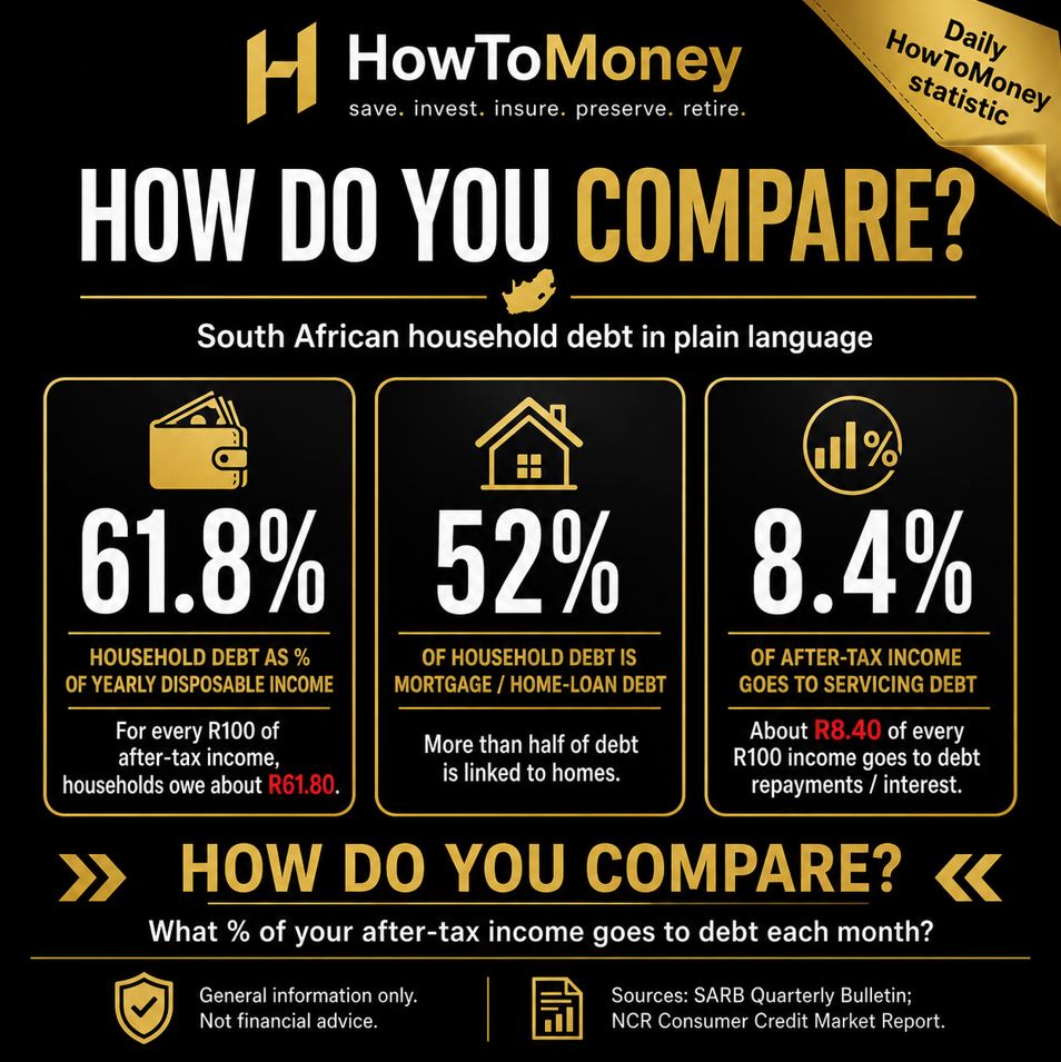 HowToMoneySA's tweet photo. South African household debt:
61.8% = household debt vs yearly after-tax income
52% = share of debt linked to mortgages/home loans
8.4% = after-tax income used to service debt
Question: what % of your income goes to debt each month?
#HowToMoney #Debt #PersonalFinance https://t.co/iH6jOWn6xD