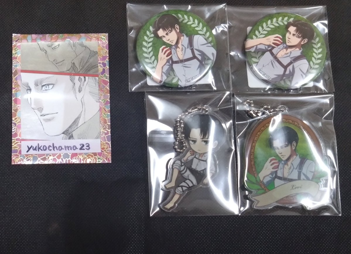yukochama23's tweet photo. 【譲渡】進撃の巨人 くじメイト 
  
譲)リヴァイ
D賞アクキー(等身､SD)※
E賞缶バッジ×2

求)D賞2点セット700円+送料
E賞各500円+送料

*初回はツイフィ必読
※アクキーはOPP封入+ケースに入れて飾っていたため開封済み未使用品です｡缶バッジは未開封｡ https://t.co/q1UG6pMcih