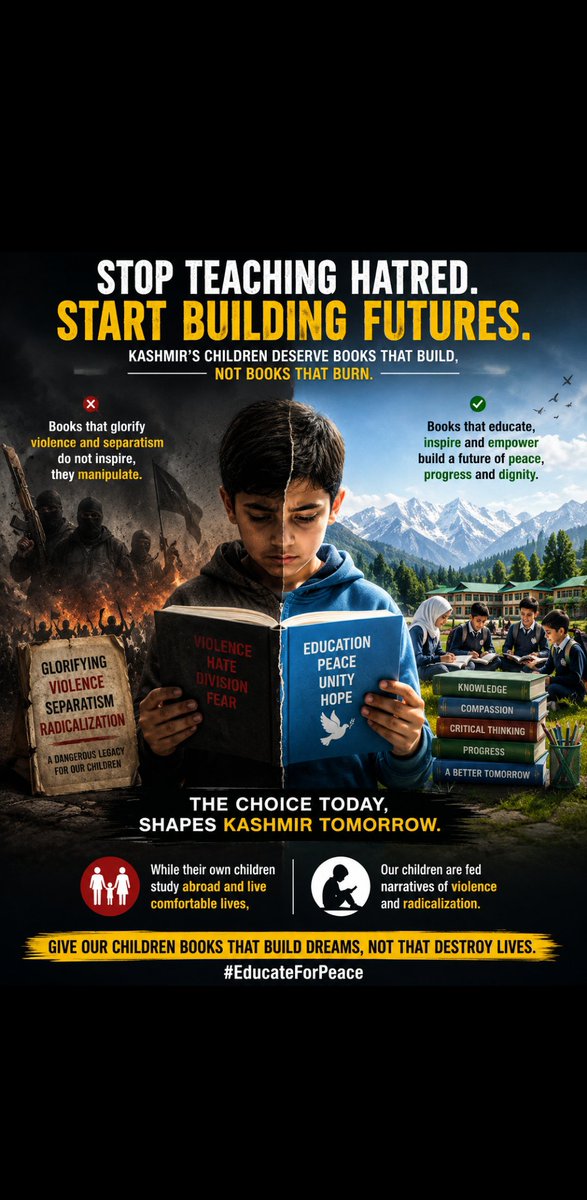 sheerazzaman's tweet photo. It's unfortunate that some people still want to push Kashmir's children towards conflict instead of a future built on education and opportunity. When books glorify violence, romanticize separatism, or portray those responsible for decades of bloodshed as heroes, they risk influencing young minds in harmful ways.

Ironically, many of those promoting such narratives ensure their own children study abroad or build successful careers, while ordinary Kashmiri youth are left to bear the consequences of radicalization and violence. Kashmir's children deserve education that inspires peace, critical thinking, and progress, not division and extremism. 

#Kashmir #Education #Peace #Youth