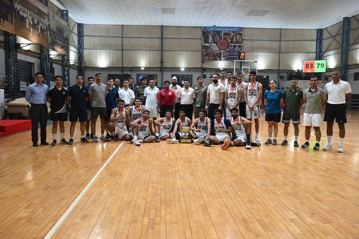 ANI's tweet photo. At the Mercury Stadium, Signals Enclave, Western Command held their nerve to defeat Southern Command 83–79 in a thrilling finale, clinching the Inter Command Basketball Championship 2026: Western Command Indian Army https://t.co/oE8foHfXCS