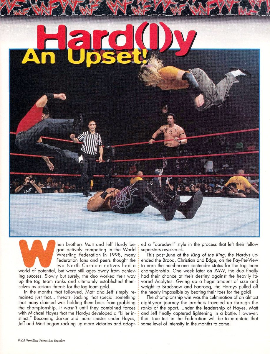 WWFWrestling1's tweet photo. ๐ธ Aired on this day in 1999: The Hardy Boyz defeated The Acolytes to claim the WWF tag team titles! Taped on June 29,1999. #WWF #WWERaw #DokHendrix #MattHardy #JeffHardy https://t.co/wp7ZM3bfNd