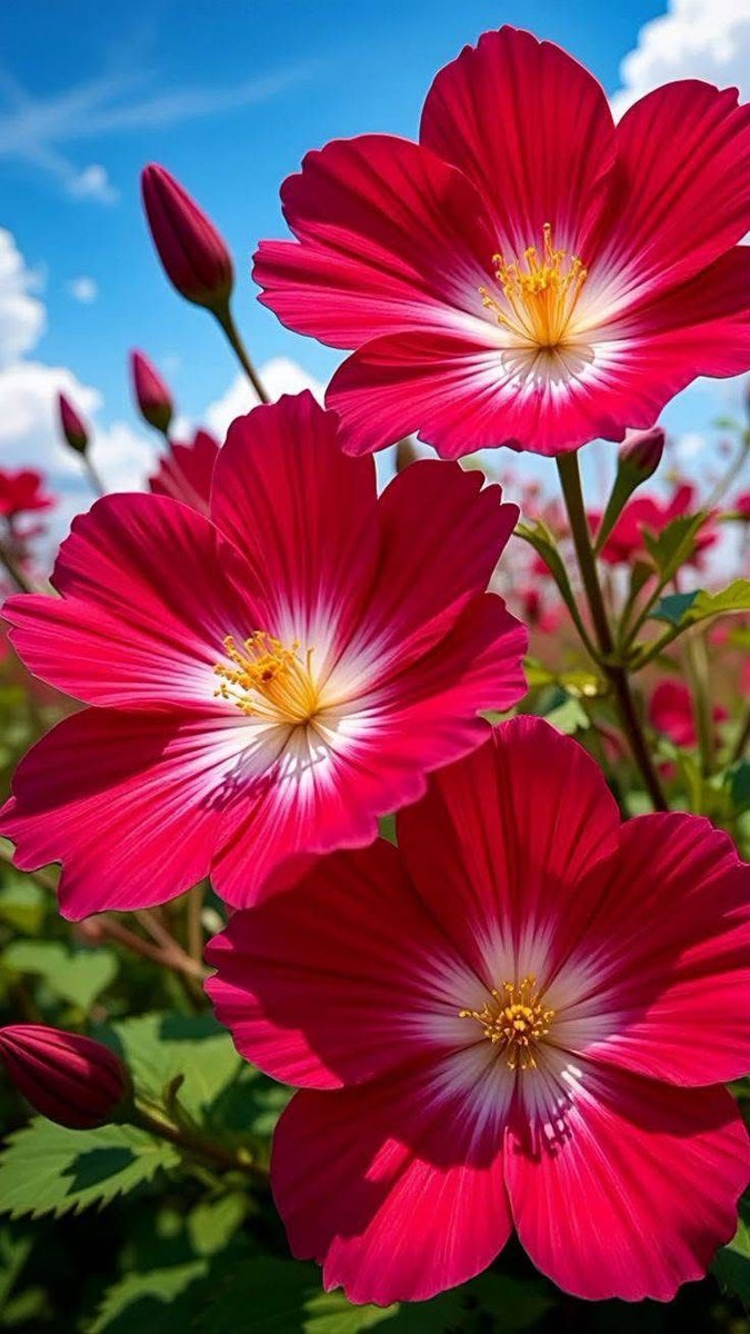 inspirativeking's tweet photo. Crimson petals catching the blue sky, each center glowing like tiny sunbursts. https://t.co/FGxyBbjQZJ