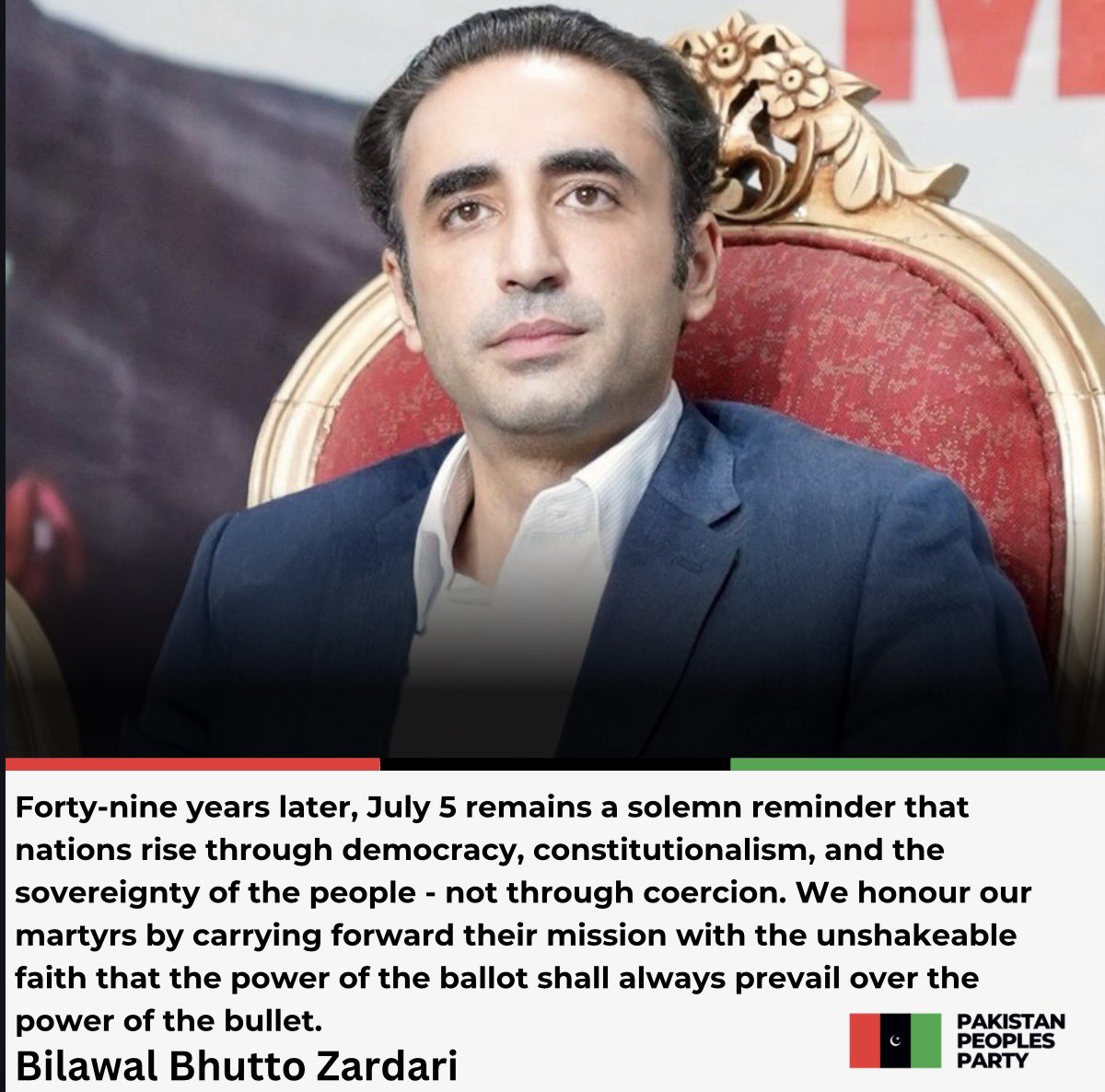 MediaCellPPP's tweet photo. Chairman PPP @BBhuttoZardari  says that July 5 will forever remain the darkest wound on Pakistan's democratic soul - the day when the people's mandate was stolen at gunpoint, the Constitution was trampled, democracy was put in chains and the hopes of millions were extinguished by dictatorship.

Read More: https://t.co/frifkbpjkU