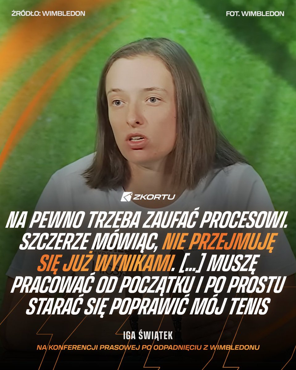 z_kortu's tweet photo. Na wczorajszej konferencji prasowej Igi Świątek poruszono między innymi kwestię oczekiwań. Oto wypowiedź Polki w tej kwestii 🗣️

💬 "Na pewno trzeba zaufać procesowi. Szczerze mówiąc, nie przejmuję się już wynikami. Byłam na nich tak skupiona, że trudno jest kontynuować to w taki sposób. Naprawdę staram się odpuścić w tej kwestii i podążać dalej. Nie mam dobrych rezultatów, więc nie zamierzam oczekiwać od siebie dobrych wyników. Po prostu one się nie przydarzają. Jeszcze nie jestem na tym poziomie. Muszę pracować od początku i po prostu starać się poprawić mój tenis".

📸 Wimbledon | #Wimbledon | #zkortu