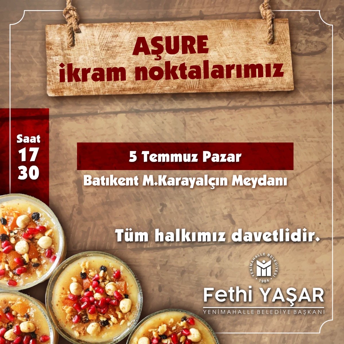 fethiyasar's tweet photo. Tüm vatandaşlarımıza mutlu ve sağlıklı bir pazar günü diliyorum.

Muharrem ayında geleneksel hale getirdiğimiz, bolluğun, bereketin ve kardeşliğin simgesi olan aşuremizi bugün 17.30'da Batıkent Murat Karayalçın Kent Meydanımızda paylaşacağız.

Tüm vatandaşlarımız davetlidir. https://t.co/Zh3iWsDeRS