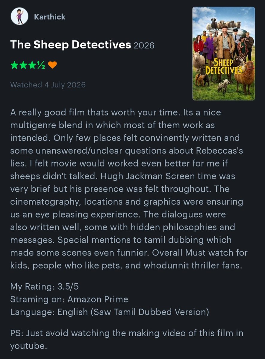 KarthickCdm's tweet photo. My 3.5★ Review of The Sheep Detectives (2026) on @letterboxd: https://t.co/uwgSrfGAjU #sheepdetectives #karthicdmreviews #karthicdm_reviews https://t.co/pZT9Mis1Ls
