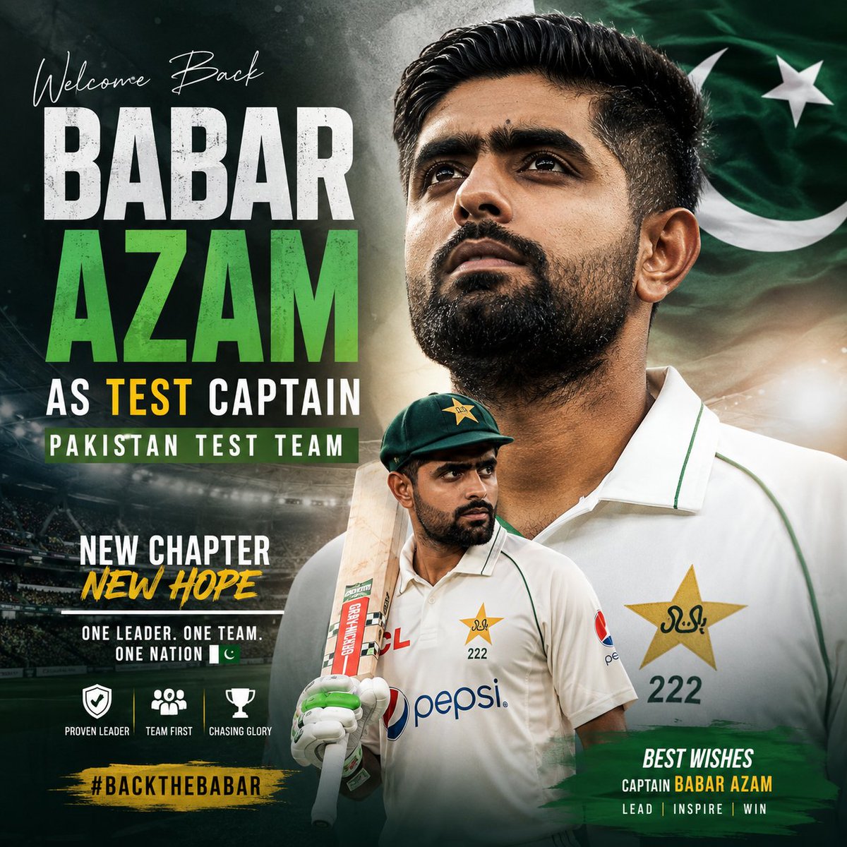 abdullahrPro's tweet photo. The King returns to red-ball leadership. 👑🏏

Best wishes to Babar Azam as he leads Pakistan's Test team once again. May this new chapter bring unity, resilience, and memorable victories for the Green Shirts.

Lead with courage. Bat with pride. Make the nation proud. 🇵🇰💚 https://t.co/WqLwuA93f8