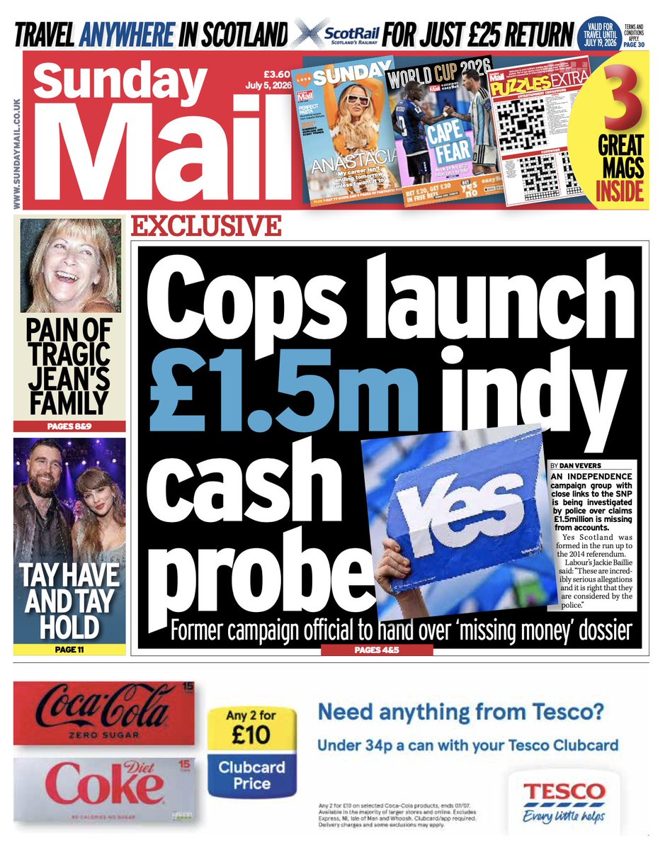 Sunday_Mail's tweet photo. Good morning, today's Sunday Mail leads on an independence campaign group with close links to the SNP being investigated by police over claims £1.5million is missing from accounts

#scotpapers https://t.co/XHJO4YVoVK