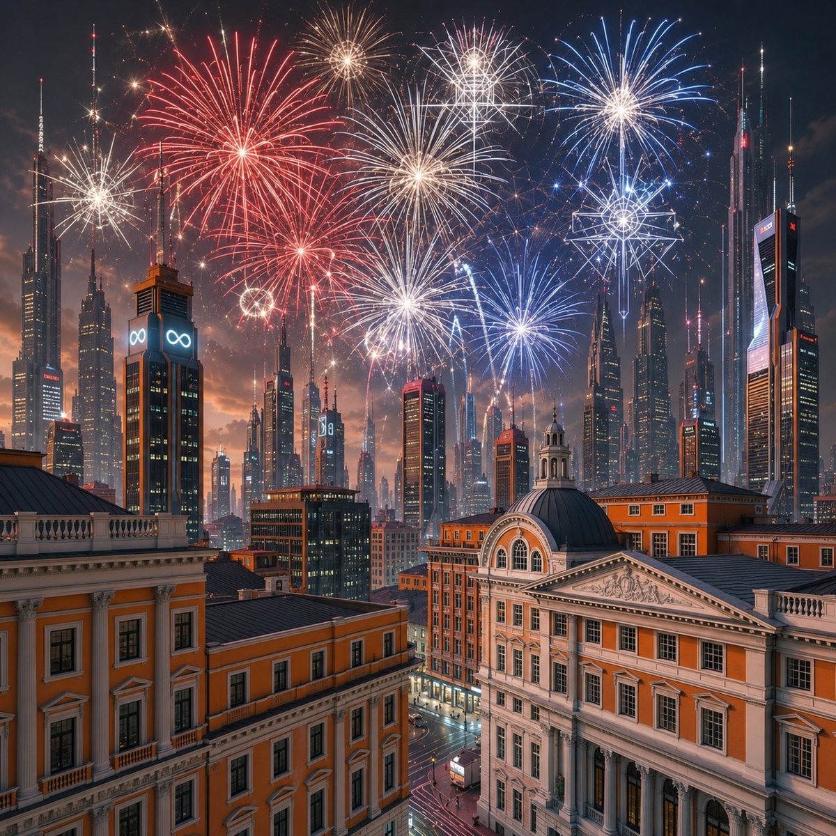 GStolyarovII's tweet photo. A red, white, and blue fireworks display over a futuristic Transhumanist cityscape with orange buildings with Neoclassical elements in front and towering supertall skyscrapers in the distance. The fireworks sometimes appear as complex, quasi-geometric shapes, as pyrotechnics have also advanced in this future era. Perhaps by the time this country celebrates its 300thanniversary, or even its 275th, it might be possible for such a future to be realized.
 
Rendered using NightCafe Studio, with enhancements by ChatGPT.