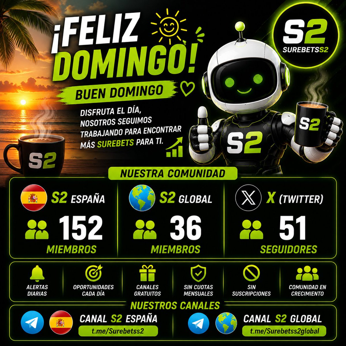 SurebetsS2's tweet photo. 🌞 ¡Feliz domingo, comunidad SUREBETSS2!

📈 Seguimos creciendo:

🇪🇸 S2 España → 152 miembros
🌍 S2 Global → 36 miembros
✖️ X → 51 seguidores

💚 Gracias por vuestra confianza. Nosotros seguimos buscando oportunidades mientras vosotros disfrutáis del domingo.

🇪🇸 https://t.co/CAm83wyWZ3
🌍 https://t.co/s3wbsw9AI7

#Surebet #Surebets #ArbitrajeDeportivo #Betting #Telegram #SUREBETSS2