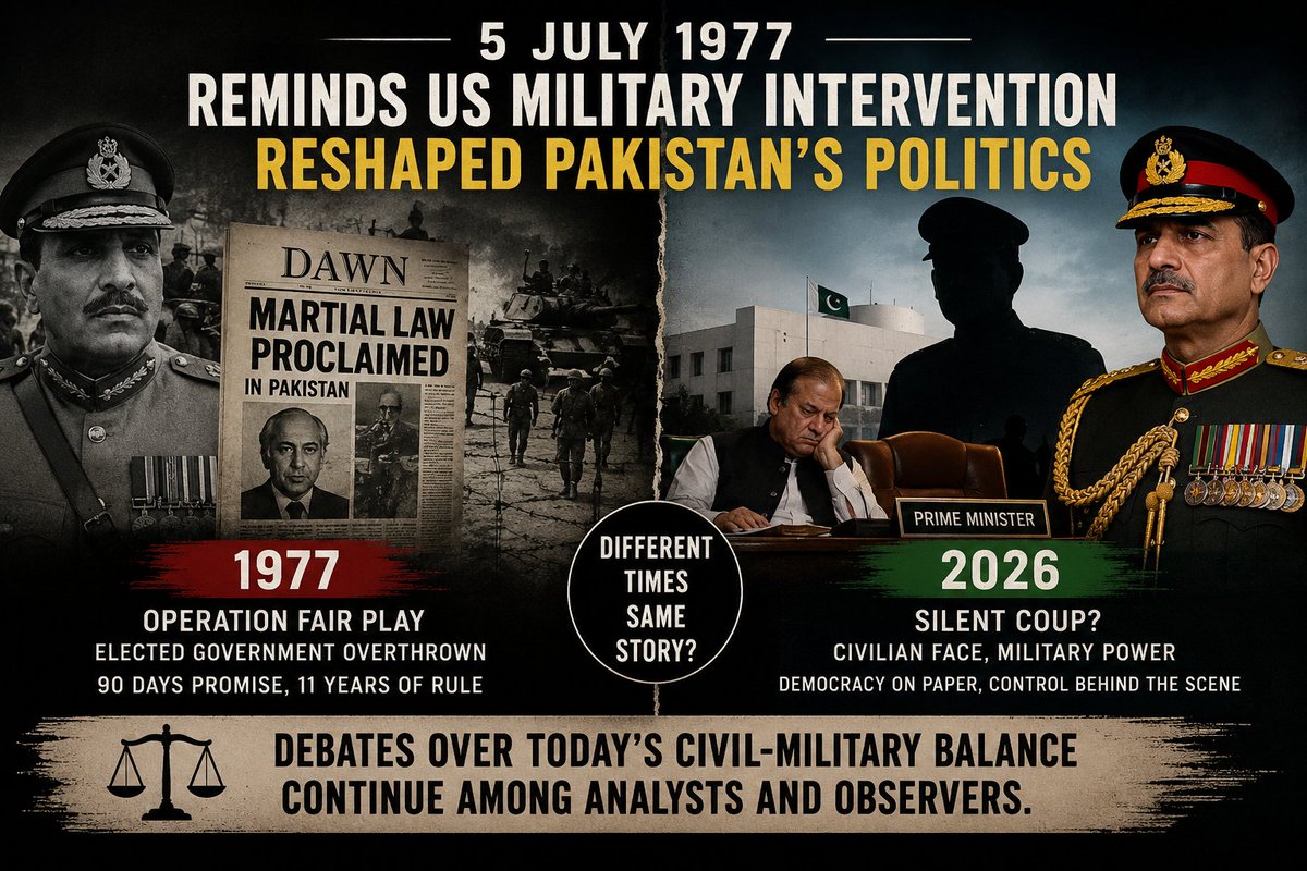 VaadeD's tweet photo. 5 July 1977 reminds us military intervention reshaped Pakistan's politics. Debates over today's civil-military balance continue among analysts and observers.#SilentCoup #UniformAboveVote #OperationFairPlay1977 #DemocracyOnPaper #PAKISTANPowerGame #VoteVsUniform https://t.co/0jTGQLAlZA