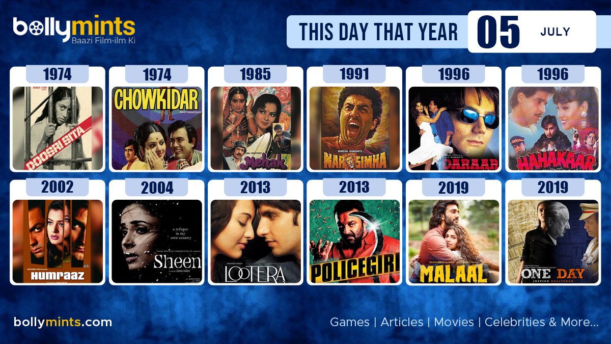 BollyMints's tweet photo. Here are the few #BollywoodMovies released on this day. Stay tuned at https://t.co/ohKmuyqHCy for more #updates #ThisDayThatYear #5July #DoosriSita #Chowkidar #Mehak #Narsimha #Daraar #Hahakaar #Humraaz #Sheen #Lootera #Policegiri #Malaal #OneDay #Kill https://t.co/iuw1OLqCdq
