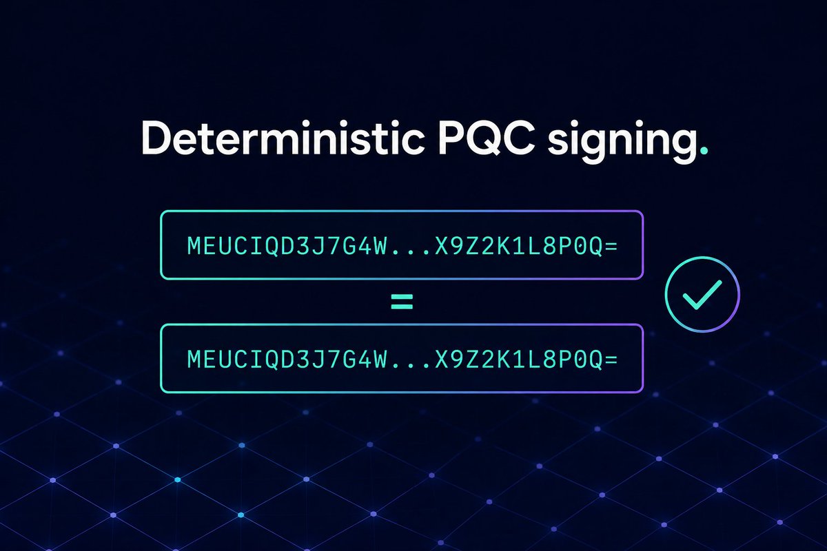 QoreChain's tweet photo. Post-quantum signatures are usually randomized, which makes them hard to reproduce and test.

QoreChain ships deterministic ML-DSA-87 (Dilithium-5) signing by default, in every SDK language: TypeScript, Python, Go, Rust, Java.

Same input, same signature. Reproducible, testable, auditable.