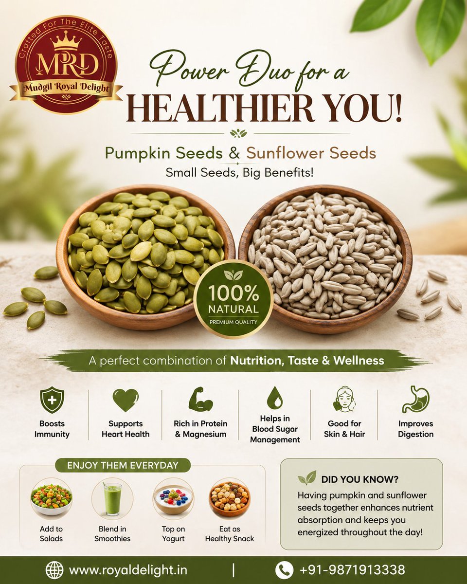 MudgilRoyal's tweet photo. Healthy choices start with small habits.

Add the goodness of @MudgilRoyal Pumpkin Seeds &amp; Sunflower Seeds to your daily routine.

- Rich in Protein &amp; Fiber
- Fresh • Natural • Premium Quality

🌐 https://t.co/X8ApPA1BrT
📞 +91-9871913338

#HealthySnacking #MudgilRoyalDelight https://t.co/XyKvms5uSB