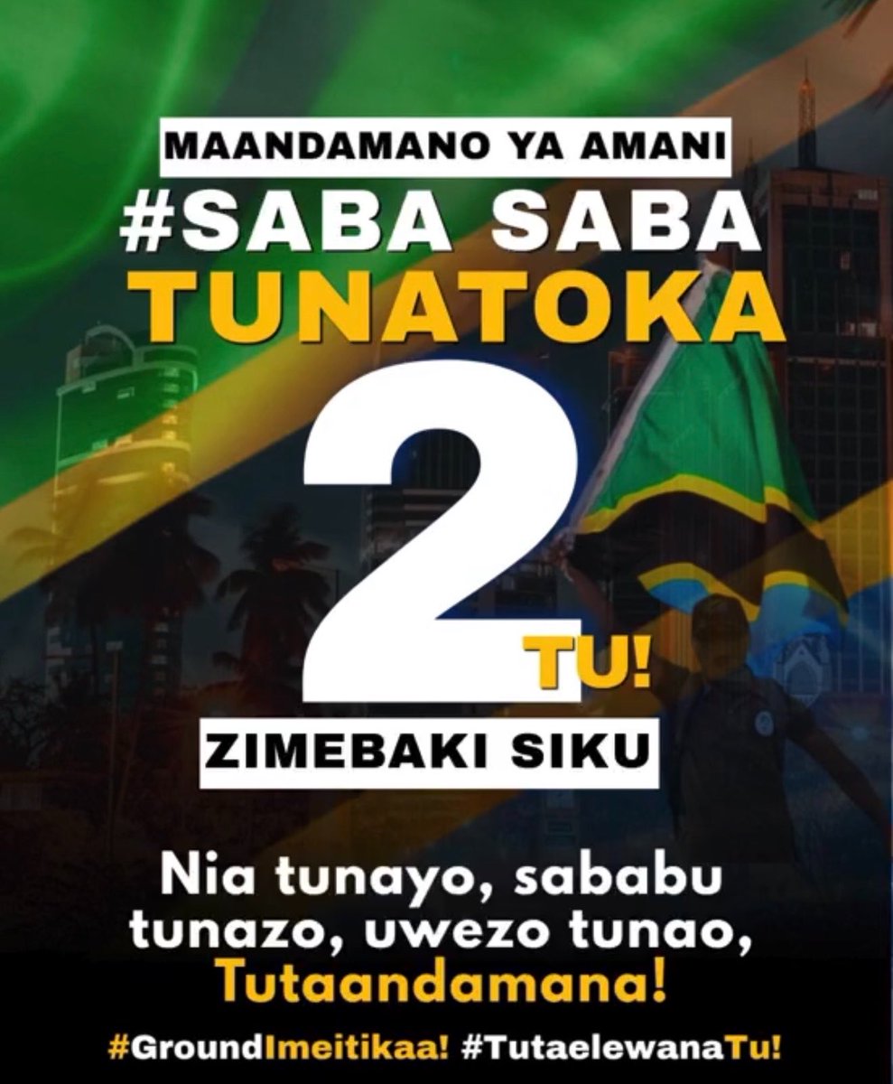 MariaSTsehai's tweet photo. Bado siku 2 tu ๐ช๐ฝ๐ฅ
#77Tunatoka #SamiaMustGo #FreeTunduLissu #JusticeForMO29 #Tanzania https://t.co/I60FF9aaNY