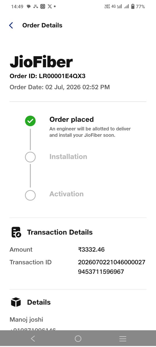 14trinity's tweet photo. @reliancejio @jio_fiber @JioCare I made the payment on 2nd July, but there has been no installation and I haven't received any call from the installation team. There has also been no update on the status.#froud #scam https://t.co/dM8o7jJg2h